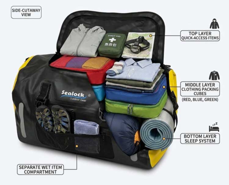 Cumas Pacála Mála Duffel Uiscedhíonach 60L agus Iarratais Lasmuigh