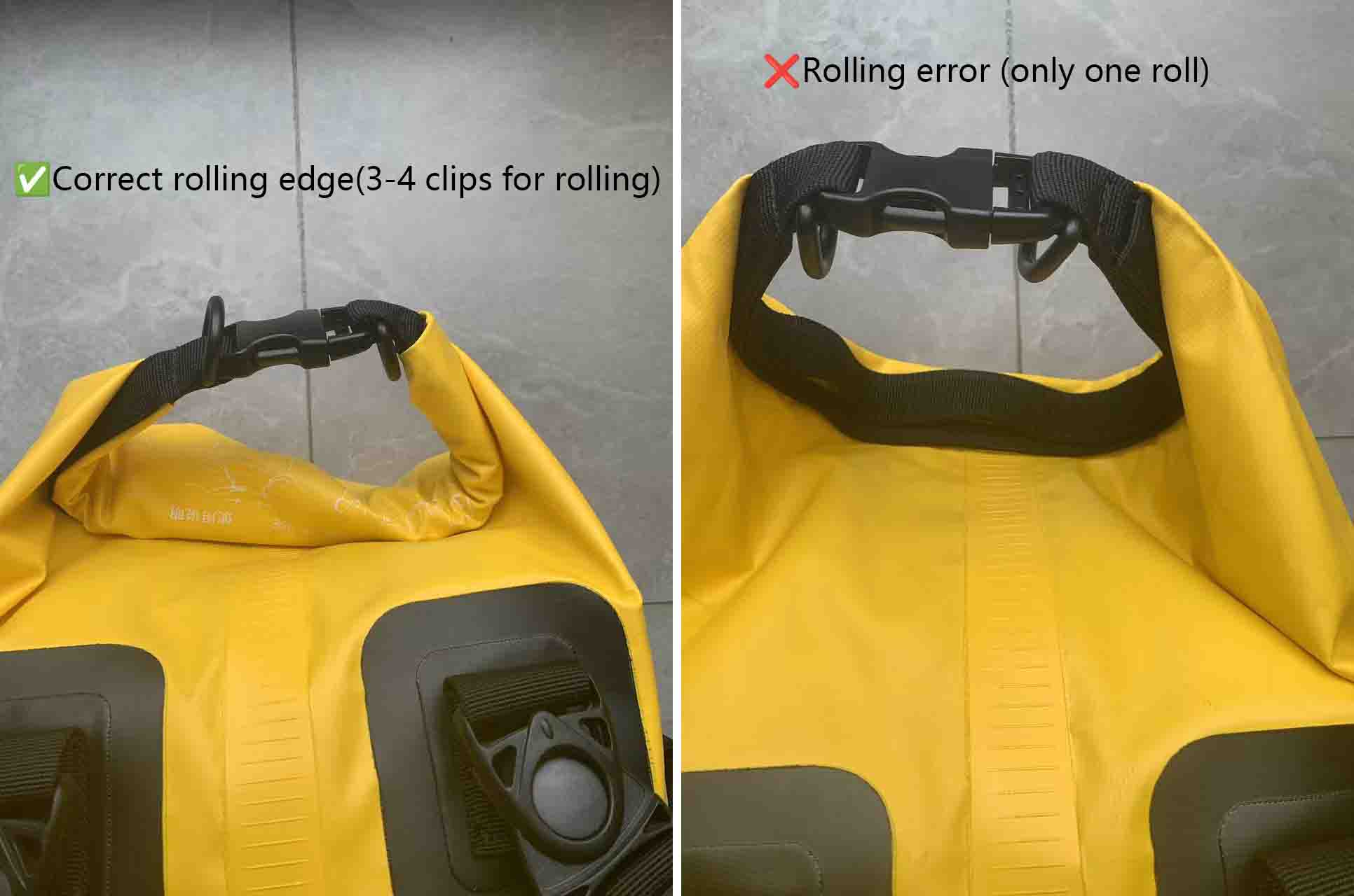 Correct roll-top closure folded three times versus an under-rolled dry bag that will leak
