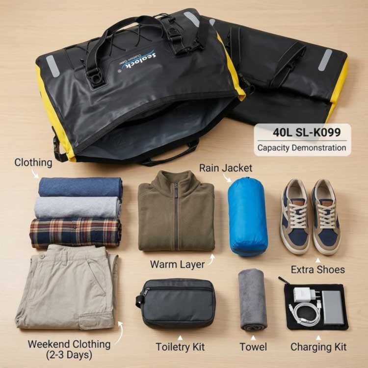Sealock 40L Waterproof luggage bag and flat lay of weekend travel gear