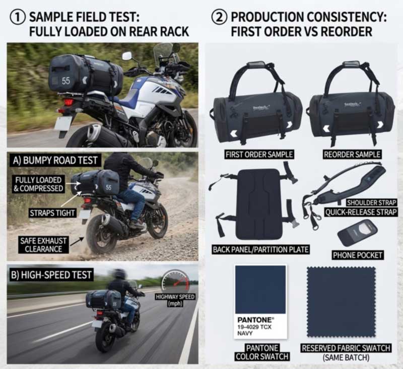 Sample tested loaded and mounted on a motorcycle, and first-order versus reorder units matched against a signed gold sample