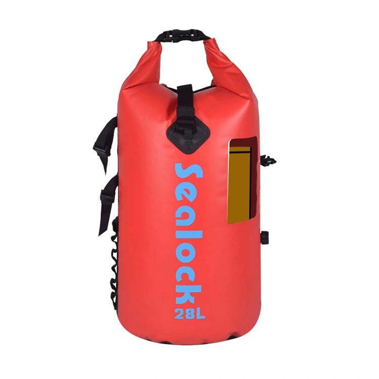 Backpack uiscedhíonach le haghaidh Cadhcáil 28 Liter Red le Fuinneog Fón